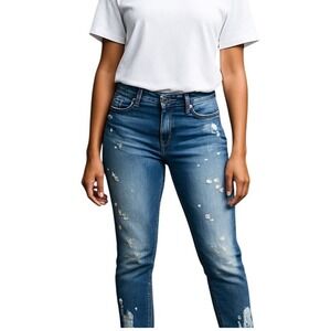 New Rapsodia Distressed Denim Jeans Paint Splatter Accents Dark Wash Women US 28